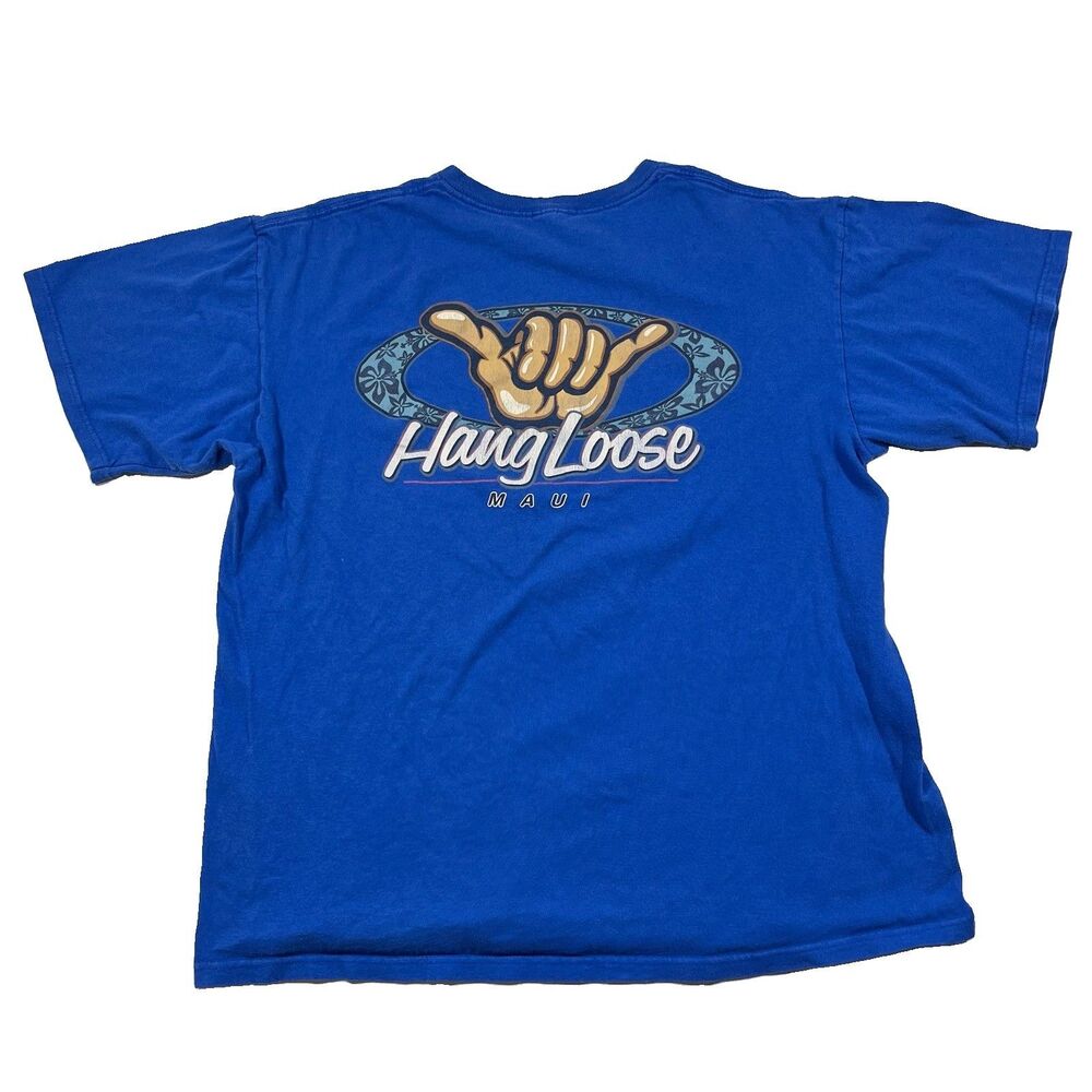 Y2K Hang Loose Maui Hawaii Blue Graphic T-Shirt Anvil Size L